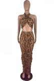 serpentine Sexy Fashion adult Leopard Two Piece Suits asymmetrical Print Mesh pencil Sleeveless