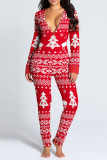 Decorative Pattern Casual Print V Neck Skinny Jumpsuits