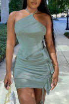 Green Sexy Solid Hollowed Out Patchwork Flounce Fold Asymmetrical Halter Sleeveless Two Pieces