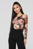 Multi-color Sexy Fashion perspective Print Patchwork Long Sleeve O Neck Playsuits