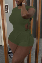 Army Green Casual Solid Frenulum Asymmetrical O Neck Short Sleeve Two Pieces