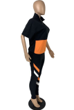 Grey Sportswear Color Block Patchwork Zipper Collar Short Sleeve Two Pieces