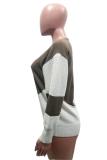 Brown O Neck Long Sleeve Patchwork Solid