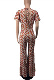 Pink Fashion Casual Print Basic V Neck Regular Jumpsuits