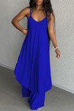 Rose Red Sexy Casual Solid Asymmetrical Spaghetti Strap Long Dress