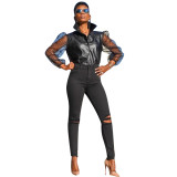 Black PU Turtleneck Long Sleeve Puff sleeve Solid perspective Patchwork Mesh Dot 