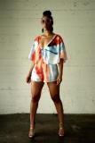 Pink Fashion Sexy Print Button Short Sleeve Rompers