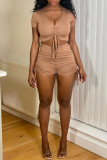 Khaki Fashion Casual Solid Draw String Strap Design V Neck Short Sleeve Two Pieces