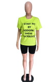 Black Casual Letter Print Fluorescent Straight Short Sleeve Two Pieces