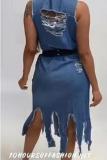Light Blue The cowboy adult Sexy Fashion Tank Sleeveless Turndown Collar Asymmetrical Mid-Calf Solid hollow out