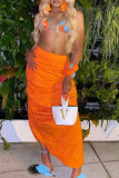 Tangerine Sexy Print Patchwork Frenulum Asymmetrical Halter Sleeveless Two Pieces