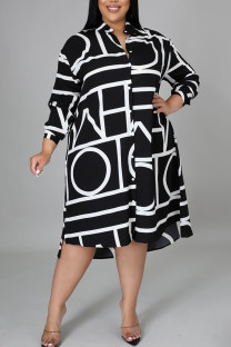 Black Casual Print Patchwork Turndown Collar Shirt Dress Plus Size Dresses