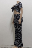 Rose Red Sexy Print Patchwork V Neck Short Sleeve Two Pieces
