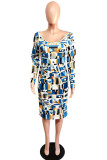 Light Blue Sexy England Off The Shoulder Long Sleeves One word collar Step Skirt Knee-Length Print Dresses