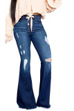 Dark Blue Denim Button Fly Sleeveless High Animal Prints Solid Hole washing Old Boot Cut Pants Bottoms