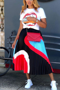 Black Fashion Casual adult Patchwork Print Two Piece Suits Lips Print Loose Short Sleeve Two Pieces