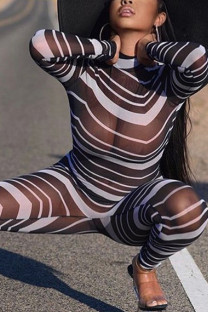 White Fashion Sexy Adult Gauze Striped See-through O Neck Skinny Jumpsuits