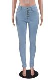 Light Blue Denim Button Fly Sleeveless High washing pencil Pants 