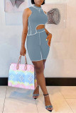 Grey Fashion Casual Solid Patchwork Asymmetrical Half A Turtleneck Sleeveless Two Pieces