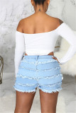 Baby Blue Fashion Casual Patchwork Ripped Mid Waist Straight Jeans