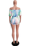 Blue Sexy Fashion Print Ruffled Patchwork Short Sleeve one word collar 