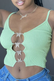 White Sexy Print Hollowed Out Spaghetti Strap Tops