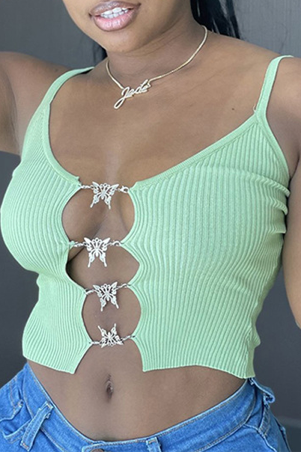 Light Green Sexy Print Hollowed Out Spaghetti Strap Tops