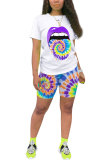 Orange Fashion Active Casual Patchwork Print Tie Dye Straight Short Sleeve Two Pieces