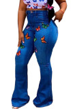 Dark Blue Sexy Embroidery Embroidered High Waist Boot Cut Denim
