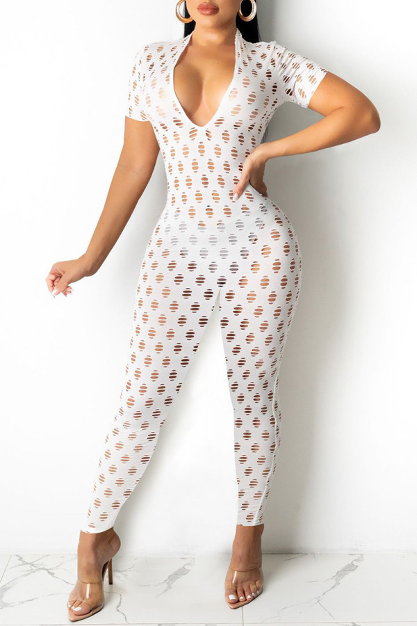 White Fashion Sexy Solid Hollowed Out See-through V Neck Skinny Jumpsuits