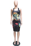 White Europe and America Street White Spaghetti Strap Sleeveless O neck Pencil Dress Knee-Length Print Dresses