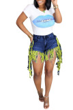 Green Tassel Design Distressed Denim