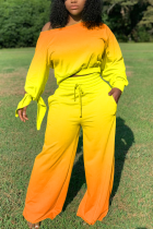 Orange Yellow Casual Patchwork Tie-dye One Shoulder Long Sleeve Two Pieces