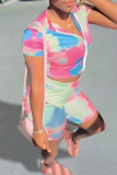 Pink Fashion Casual Tie Dye Printing Zipper Collar Short Sleeve Two Pieces