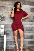 Red Casual adult Sexy Fashion Short Sleeves O neck Pleated Mini Solid Draped asymmetrical