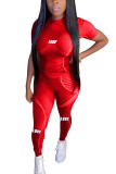 Red Milk Silk Fashion Active adult Ma'am Letter Two Piece Suits Straight Short Sleeve Two Pieces