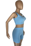 Blue Casual Solid Patchwork U Neck Sleeveless Two Pieces