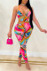 Colour Fashion Sexy Print Hollowed Out Backless Spaghetti Strap Skinny Jumpsuits