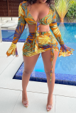 Red Sexy Print Patchwork V Neck Long Sleeve Two Pieces