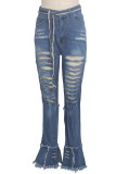 Blue Denim Button Fly Sleeveless High Hole Solid Patchwork Boot Cut Pants Pants