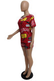 Red Fashion adult Street Letter Patchwork Print Two Piece Suits Straight Short Sleeve Two Pieces
