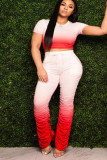 Red Casual Print Boot Cut Short Sleeve Two Pieces