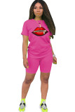 Red Fashion Casual adult Ma'am Print Two Piece Suits Lips Print Straight Short Sleeve Two Pieces
