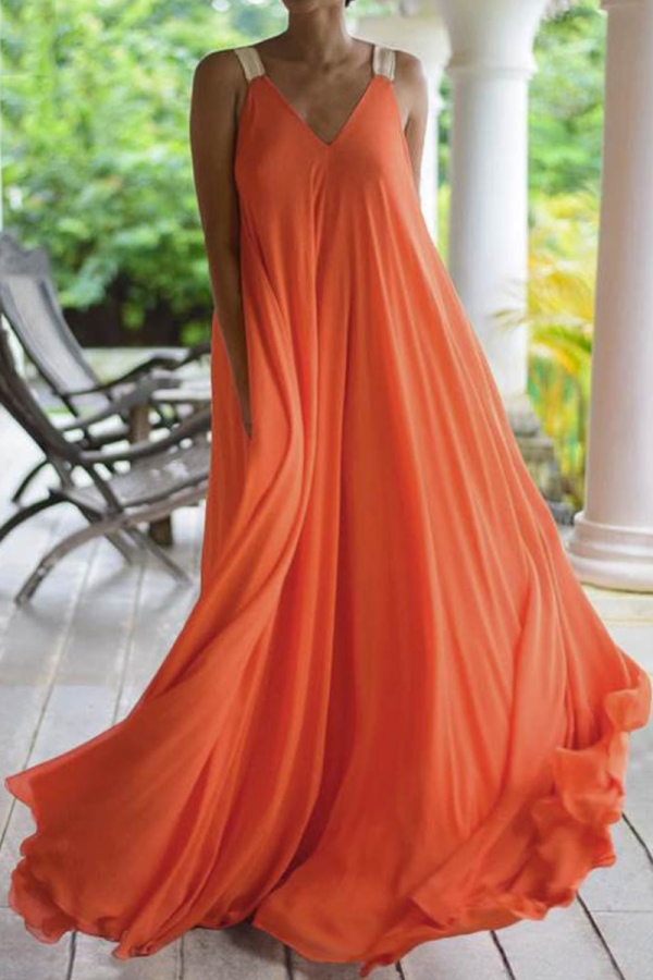 Tangerine Red Casual Solid Patchwork Spaghetti Strap Cake Skirt Dresses