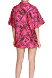 Red Nylon Turndown Collar Short Sleeve Patchwork Print Slim fit Button Tops