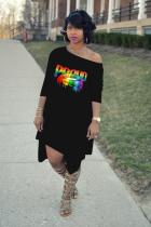 Black adult Fashion Sexy One Shoulder Long Sleeves one shoulder collar Swagger Mid-Calf Print Ch