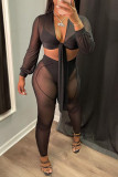 Burgundy Fashion Sexy Solid Patchwork See-through V Neck Long Sleeve Two Pieces