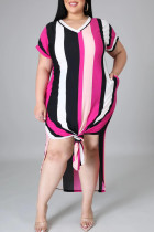 Rose Red Casual Striped Patchwork High Opening V Neck Short Sleeve Dress Plus Size Dresses