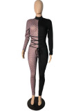 Black Fashion Sexy Patchwork See-through Turtleneck Skinny Jumpsuits