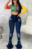 Blue Sexy Solid Ripped High Waist Boot Cut Denim